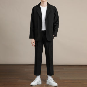 Romon สูทสีกลางๆ สำหรับผู้ชาย ชุดสองชิ้น ทรงหลวม กระดุมตกแต่ง เสื้อเชิ้ตผ้าฝ้ายผสมสำหรับฤดูใบไม้ผลิและฤดูใบไม้ร่วง