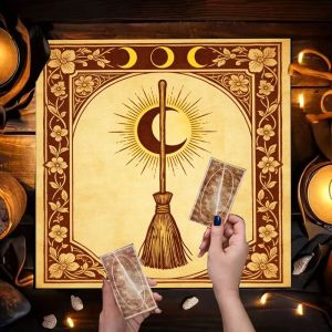 VIKAMA Three Phase Moon Witch Broom Retro Flower Altar Cloth Tarot Card Tablecloth Wicka Divination Ceremony Mat