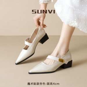 รองเท้าส้นสูงหัวแหลมสไตล์ฝรั่งเศสสำหรับผู้หญิงในช่วงฤดูใบไม้ผลิปี 2025 รองเท้า Mary Janes ทรงปากตื้น สายรัดหนัง กันน้ำ