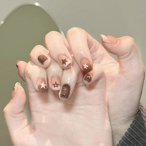 Medium fake nails for women gilrs gradient blue pink starry sky star moon Y2K design Almond nail tips press on false nail set