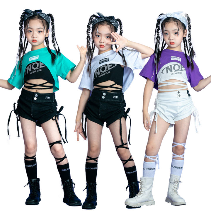 Jazz Dance Clothes For Girls Crop Tops White Casual Pants Summer Modern  Dance Costume Kids Hip Hop Clothing Kpop Outfit size 160cm Color Pants