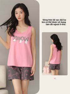MiiOW | Áo ngủ cotton không tay Catman dành cho nữ Bộ đồ ngủ mùa hè 2024 Áo vest và quần ngắn rộng rãi thoải mái cho nhà mặc ngoài trời
