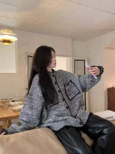 Soft Cozy Korean Style Womens Knitted Sweater Cardigan Lazy Style Top Mid-Length Long Sleeve Low round Neck Commute Style