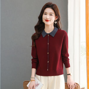 เสื้อสเวตเตอร์คอปกสั้นสีแดงสำหรับผู้หญิง ฤดูใบไม้ร่วง/ฤดูหนาว 2025 ใหม่ ขนาดเล็ก แฟชั่น ชุดชั้นใน เสื้อสเวตเตอร์ถัก