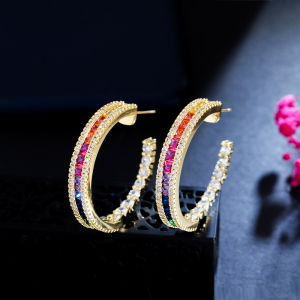 SEQUITO Fashion Women Circle Hoop Earrings Pave Rainbow Cubic Zirconia Stone Dubai 916 Gold Plated Big Round Ear Drop Jewelry for Daily Party SE612