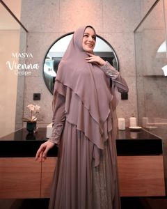 Set Gamis Dress Ceruty Babydoll Brukat Brokat Chantily Premium Syari Branded Khaki - Putih Tulang - Broken White - Ungu Tua - Pink Salem - Coklat Muda - Brown - Taupe - Salmon - GrapeMewah Masya Syari Terbaru Vienna MADENIA SYARI By MASYA
