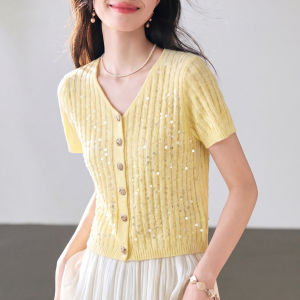 BAIWEISILI | V Neck Lace Hollow Knit T-Shirt Cardigan Thin Ice Silk Top