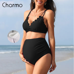 Charmo Maternity Swimsuit Women Two Piece High Waist Bikini Scallop Trim Bathing Suit Pregnancy Swimwear