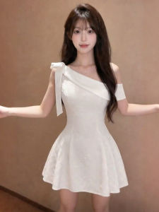 CHANGTONG | Stylish Shoulder Asymmetrical Waist-Cinching Skater Mini Dress