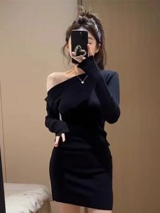 HUOLISI | Elegant Fitted Shoulder Revealing Slim Bodycon Dress