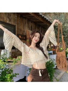 Crocheted Flower Hollow-out Knitted Blouse Womens Summer Outdoor Wear New Arrival Bohemia Seaside Vacation Style Long Sleeves Tops Sun Protection Shirt