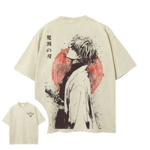 Bandai | Demon Slayer Mens and Womens Washed T-Shirt Zenitsu Agatsuma Summer Spring Anime Tee Retro Distressed Personality Short Sleeve