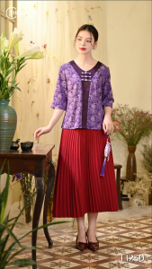 Áo kiểu thiết kế cao cấp tinh tế với chất liệu Gấm Hoa phối viền vải lụa mềm mại sang trọng AN4L1230 Thương hiệu Thiều Hoa