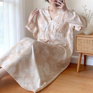 KASIHAN | Summer Loose Long Sleeve Floral Print Kimono Collar Rayon Dress