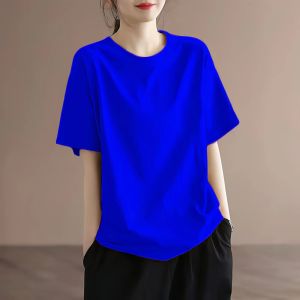 New 2025 Womens Pure Cotton Short Sleeve T-Shirt Loose Fit round Neck Maternity Top Solid Color Base Shirt Korean Style Commute