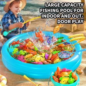TEMI Fishing Toy for Kids with 60cm Pool Pretend Play Fishing Game Toys Educational Toys for Kids