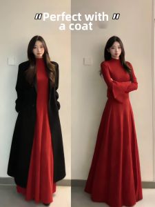SUHUIQIAN | Red Knitted Dress for Women Long