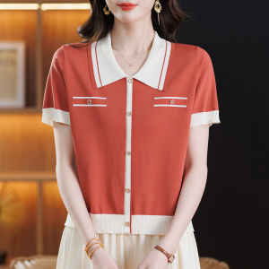 BAIWEISILI | Collar Knit Short Sleeve T-Shirt Lightweight Ice Silk Womens Clothing