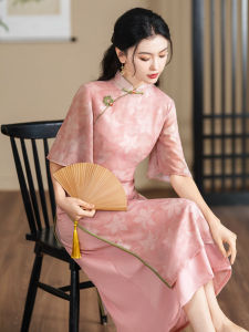 Elegant Long Qusi Satin Pink Cheongsam Young Style Chinese New Summer Girls Hanfu Breathable Short Sleeve Floral Pattern