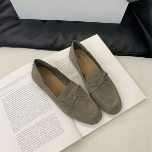 Retro Matte Leather Slip-On round Toe Flats Womens Spring Autumn New Flat Bottom Butterfly Knot Low Cut Single Shoes