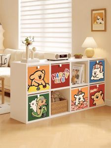 Dopamine Cartoon Storage Cabinet Living Room Partition Drawer Shelf Grid Cabinet Childrens Toy Organizer Metal Frame Structure