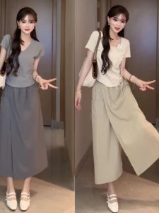 Mùa Hè Cao Vòng Eo Thiết Kế Cảm Giác Quần Váy Thoải Mái Ống Rộng Bảy Chân Thời Trang Sành Điệu Xoay Đầy Đủ Chiều Dài Midi Chia