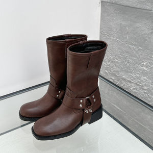 South Korea 2024 New Arrival Retro Square Toe Platform Thick Heel Ruins Wind Brushed Western Denim Ankle Boots Mid-Calf Riding Boots