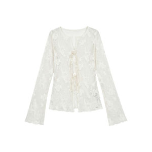 Spring Design T Shirt Long Sleeve Lace Tie Waist Bell Sleeves