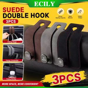 ECILY 3Pcs 2-in-1 Car Seat Back Hook – Foldable Microfiber Leather Headrest Hanger with Double Hooks Universal Storage Organizer for Bags Groceries & Clothes Car Interior Accessory