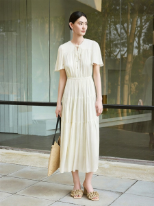 YINER | French Style Lightweight Breathable X Waist Ruffled Sleeves Dress