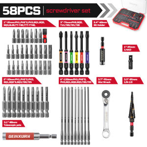 Geinxurn 58PCS Screwdriver Set 3" Ultra Torque & 1"/2"/6" Fixed Impact Bits Anti-Rust X-Coated Step Drill for Industrial Use