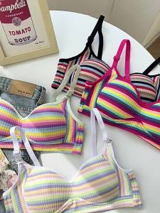 XFTOPSE 【PH Stock】Summer Swimwear Rainbow Stripe Bra for Women Strapless Gathered Push-Up Bra Non-slip No Trace No Steel Ring Womens Beach Underwear