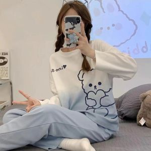 Bộ Đồ Ngủ Nữ Dài Tay Kiểu Học Sinh Chất Liệu Polyester Dệt Kim Nhẹ Rộng Rãi Dài Đến Mắt Cá Chân Thích Hợp Cho Mùa Xuân/thu