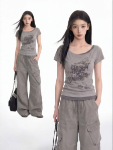 BAIDAIFEI | American Retro Slimming Gray Faux Two-Piece Short Sleeve T-Shirt