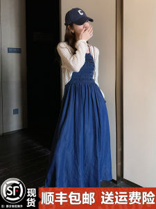 Summer Womens Denim Halter Dress Neck Hanging Strap Long Skirt Two-Piece Set New Style 2025 Casual Chic Outfit A-Line Gown