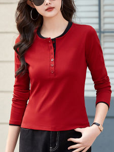 เสื้อยืดคอกลมแขนยาวผ้าฝ้ายแท้ทรงสลิมฟิตสำหรับผู้หญิง ฤดูใบไม้ผลิและฤดูใบไม้ร่วง เสื้อเชิ้ตสไตล์เกาหลีลำลอง ทรงเข้ารูป