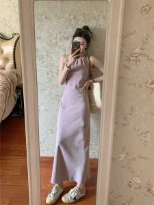VKSOD | Beach Vacation Style Sleeveless Neck Hanging Dress Womens Summer Small Size Gentle Purple Long Skirt Korean Version A-Line