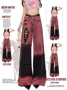 Mỹ Y2k /năm 2000 Retro Phá Cách Chắp Vá Lỗ Nhuộm Cà Vạt Nữ Rộng Rãi Chân Ống Rộng Thẳng Quần Jean Đường Phố Cao Cấp Gợi Cảm Quần Dài