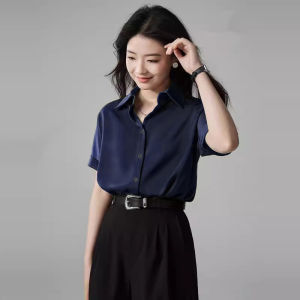 XIAOMENG | French Dark Green Short Sleeve Chiffon Blouse