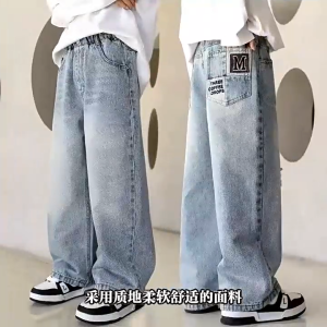 Jeans For Kids Boy 6-12yrs Letter Embroidery Baggy Pants For Kids Boy Street Style Denim Pants For Kids Boy ootd For Kids Boy