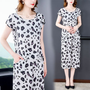 ชุดสองชิ้นผ้าไหมคอตตอนไซส์ใหญ่สำหรับผู้หญิง ชุดลำลองแขนสั้น กางเกงขายาว 7 ส่วน ชุดแฟชั่นฤดูร้อน ชุดลำลองสำหรับผู้หญิงตัวเล็ก