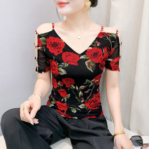 Yimei Áo Hở Vai Kim Cương Đính Hạt móng tay rỗng sang trọng phong cách Hàn Quốc Áo thun nữ xinh đẹp màu đen tay ngắn