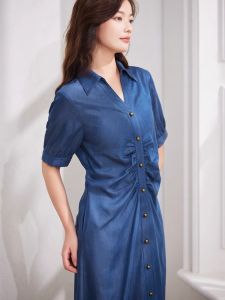 WANGGONGZHU | Elegant Silk Denim Dress Women Summer New Simple Fashion Midi Shirt Long Skirt Gathered H-Line Short Sleeve V-Neck Solid Color