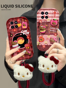 Ultra-Thin Plush Phone Case for Xiaomi 14 Kitty Cat Design Cream Patterned Girls Protective Cover Anti-Fall Civi3 Lanyard