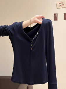 chaqi | Slim Fit Pure Color Asymmetric Button Design Long Sleeve T-shirt