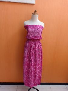 maxi long dress wanita pink motif S M L cewek sabrina santai pantai pinggang karet cute