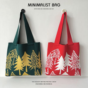 Knitted Large Capacity Tote Bag Womens Autumn Winter Fashion Single Shoulder Bag Outdoors Handbag Christmas Tree Pattern