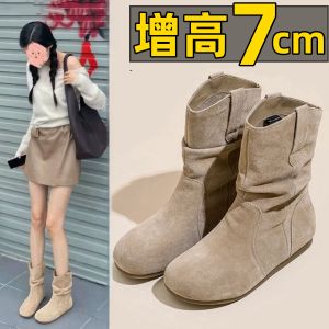 Fall Fashion Short Boots Womens Flats Increased Height 7cm Retro Lazy Style Pile Boots Trendy Flat Bottom Booties Korean Style