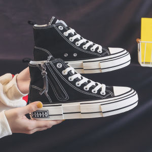 New High-Top Canvas Shoes for Women Thick Bottom Platform Side Zipper Black Casual Ins Ulzzang Style Rubber Sole round Toe
