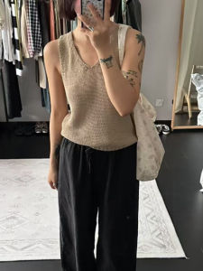 YUEZHONGWEI | French Hollow Out Silk Linen V-neck Knitted Vest Women Summer Outerwear Unique Beautiful Waist-Cinched Slim Fit Sleeveless Top